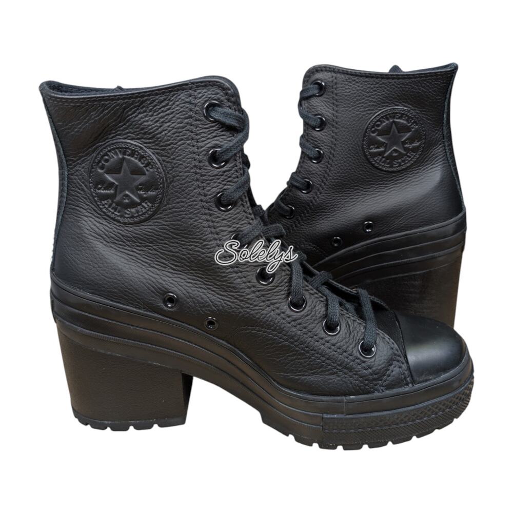 Converse Chuck 70 De Luxe Heel Leather Black Monochrome Sneaker Boot Womens 10